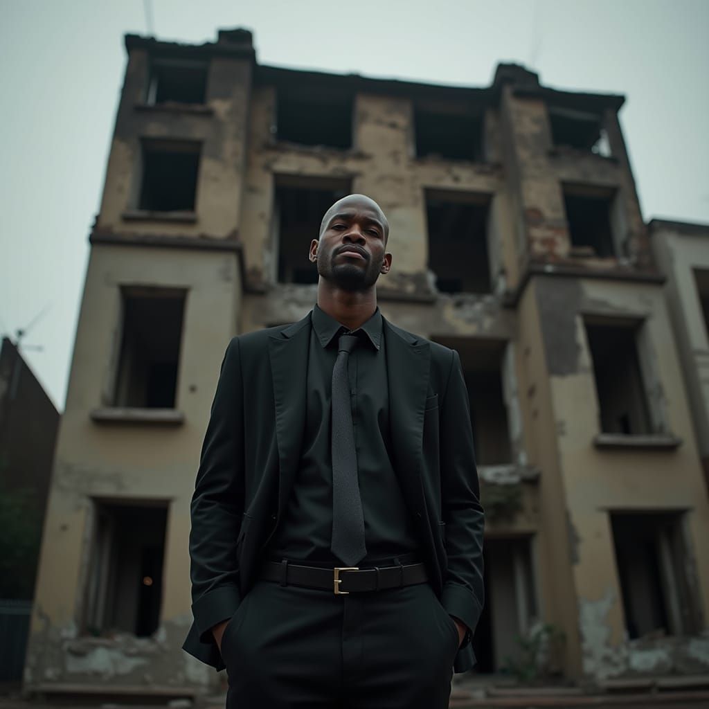 Photorealistic Portrait: Man Before Burned Building