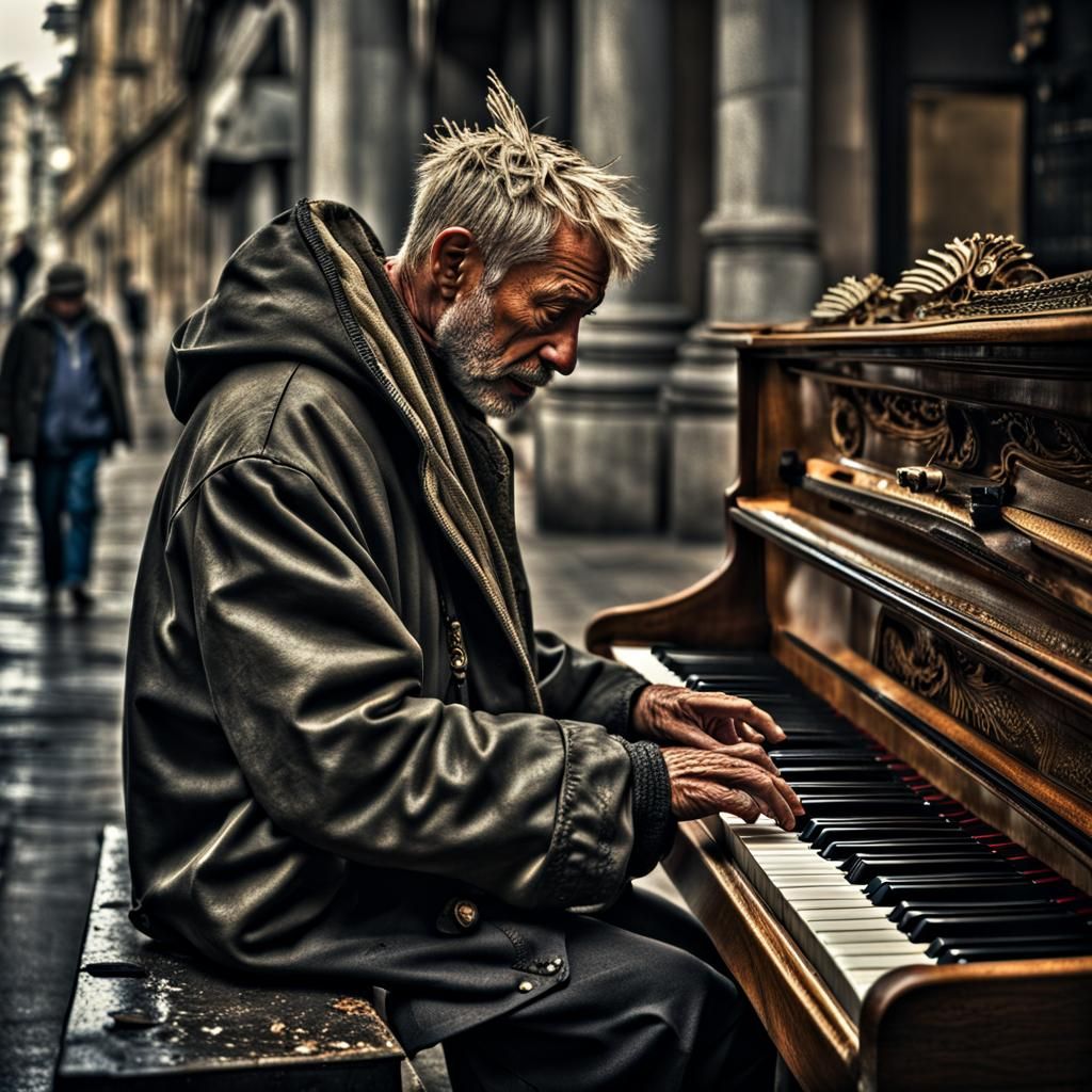 Hyperrealistic Homeless Man Plays Piano
