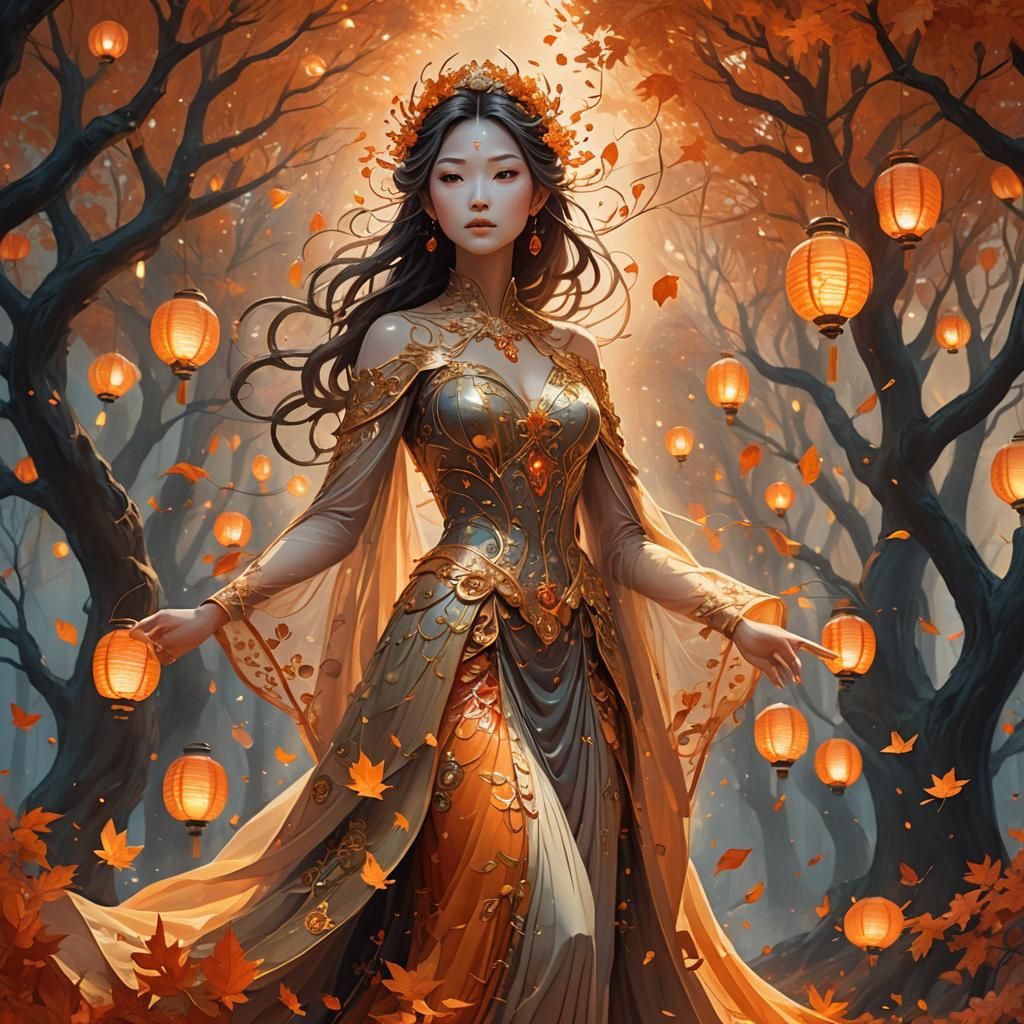 Mysterious Autumn Goddess in Surreal Digital Painting