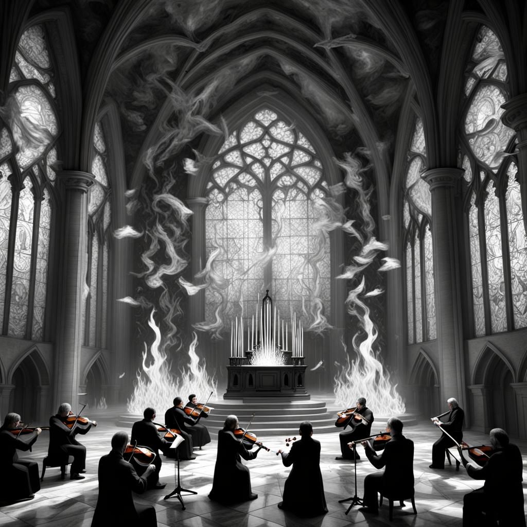 Spectral Orchestra Performing in Gothic Chapel, Oil Painting