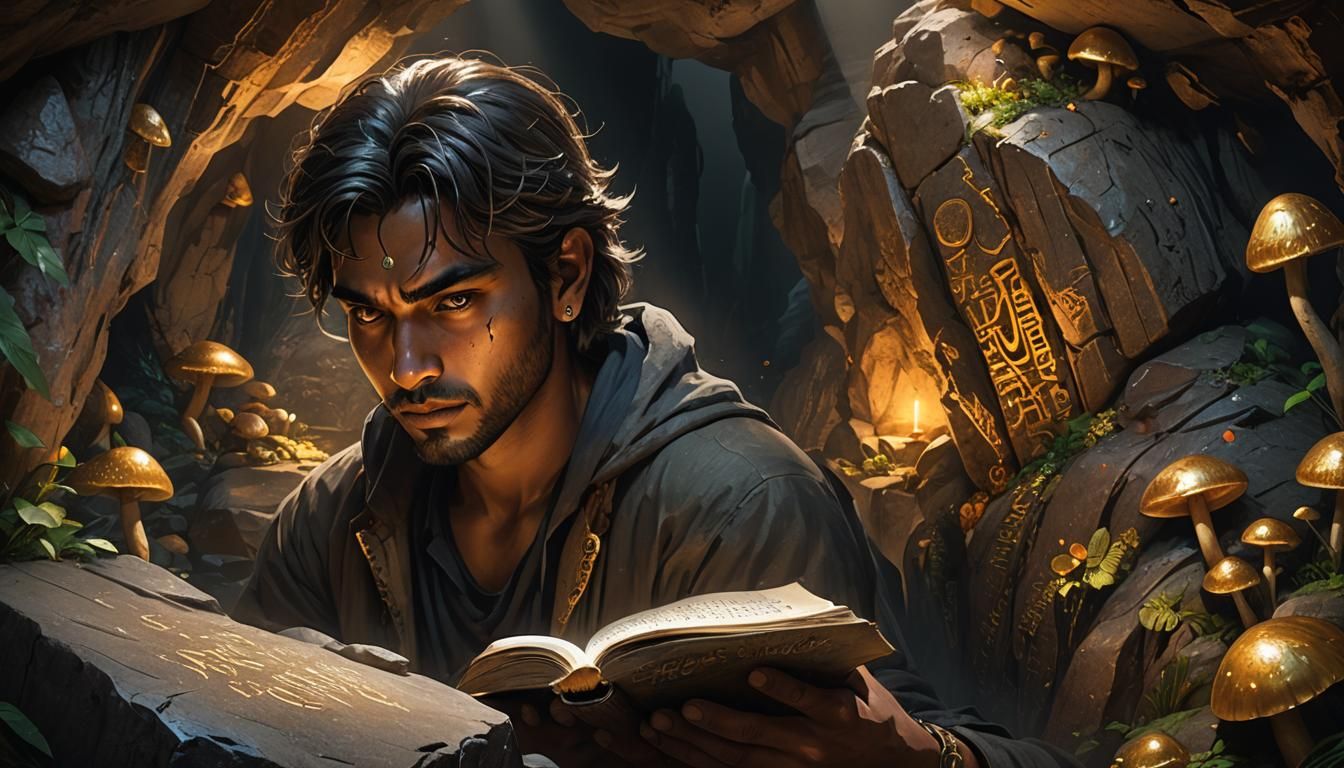 Arjun Reads Inscription in Bioluminescent Cave