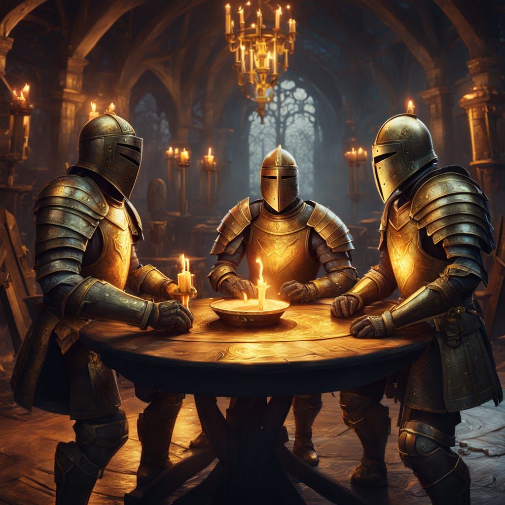 Knights Gathered at a Round Table in Oil Painting Style