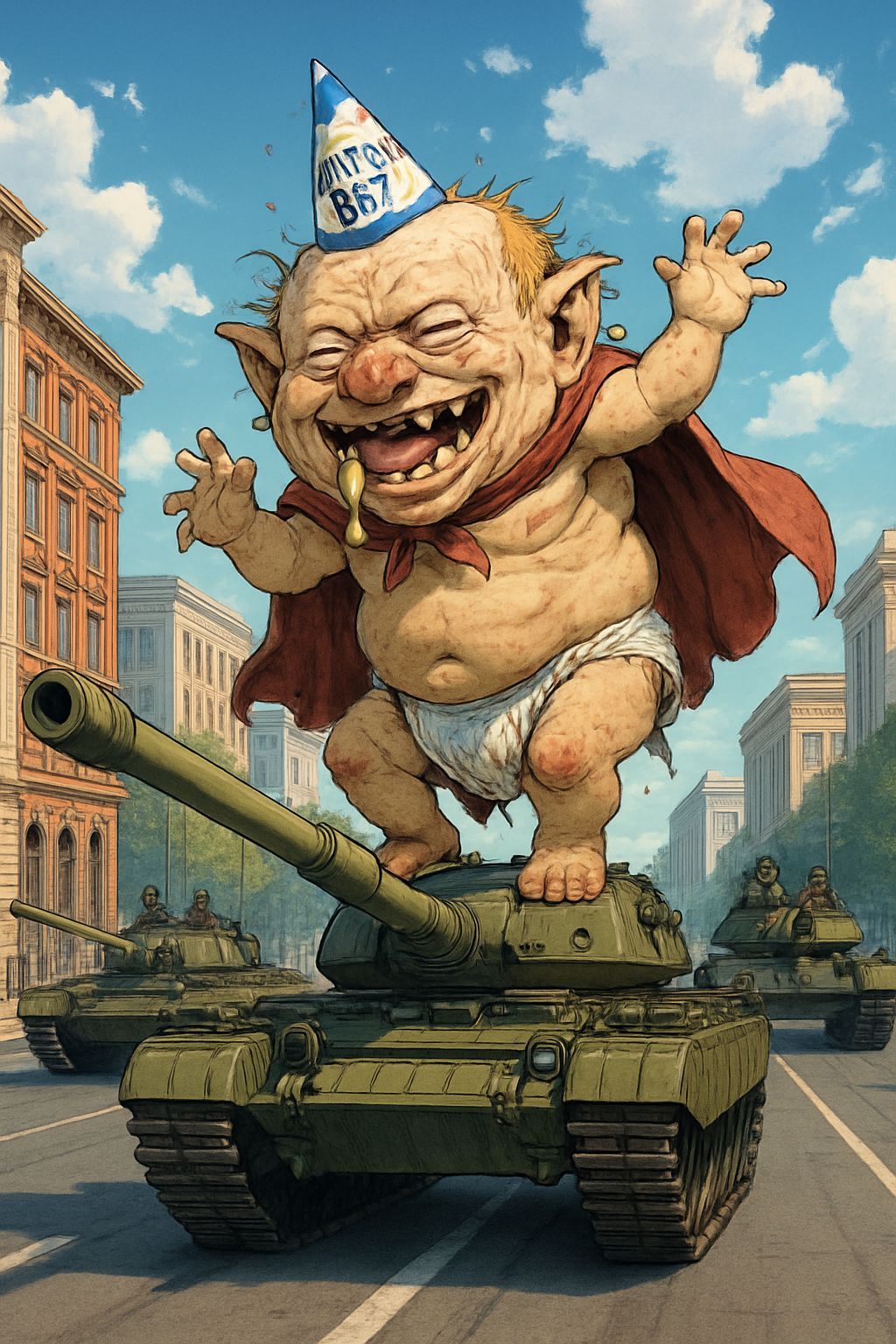 Anime Troll Dances Atop Tank in Cityscape Parade