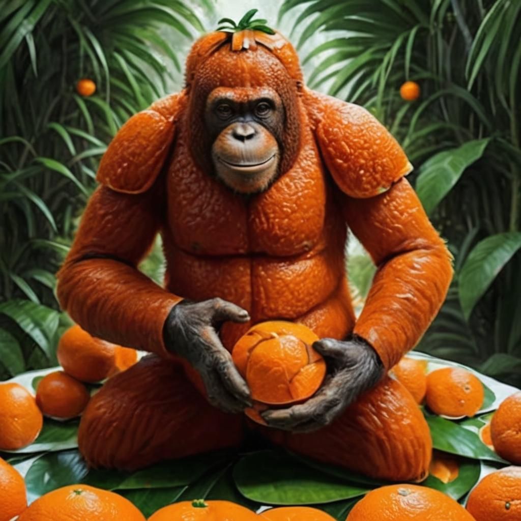 Orangutan Made of Oranges in Jungle Scene
