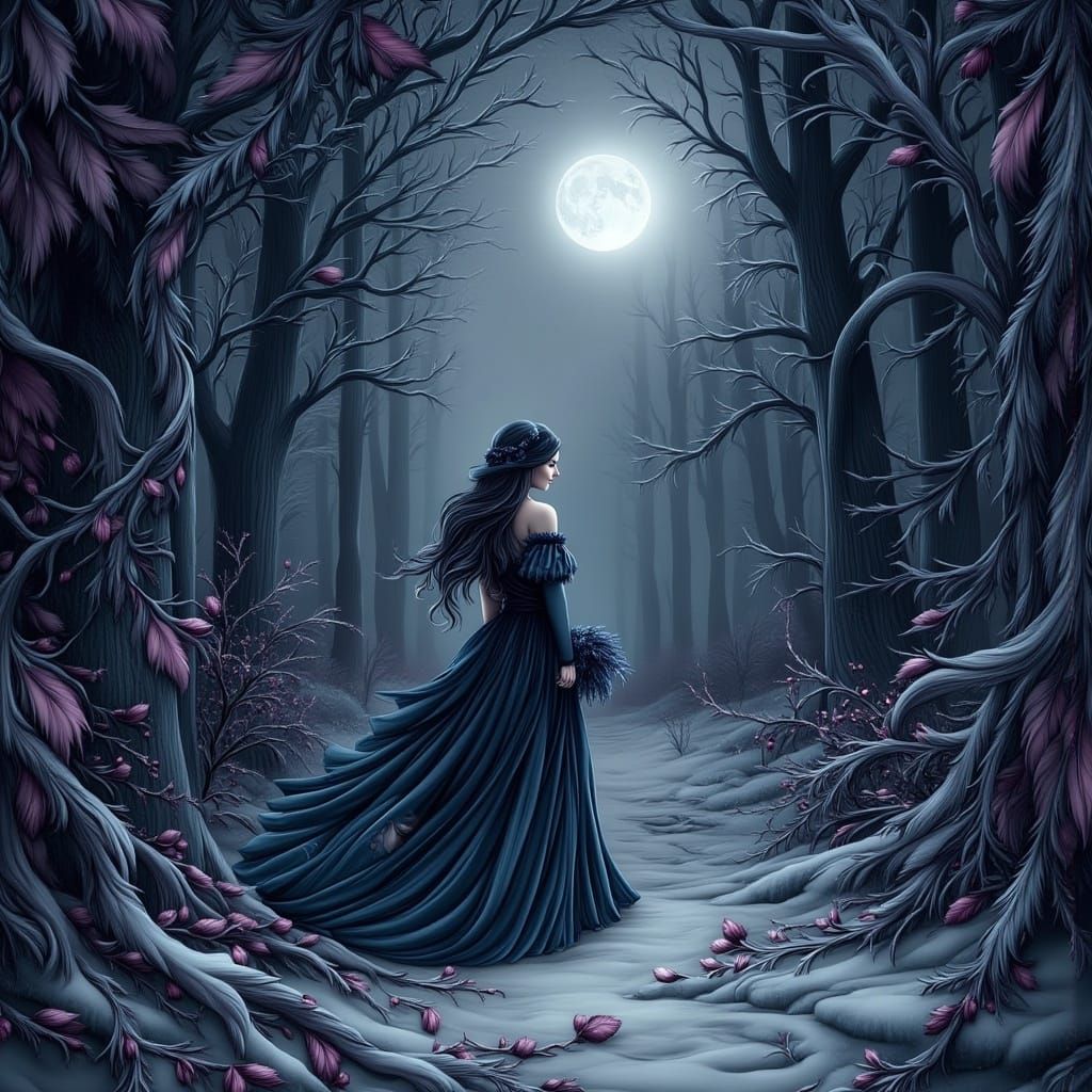 Ethereal Woman Strolls Through a Dark Winter Forest in a Moo...