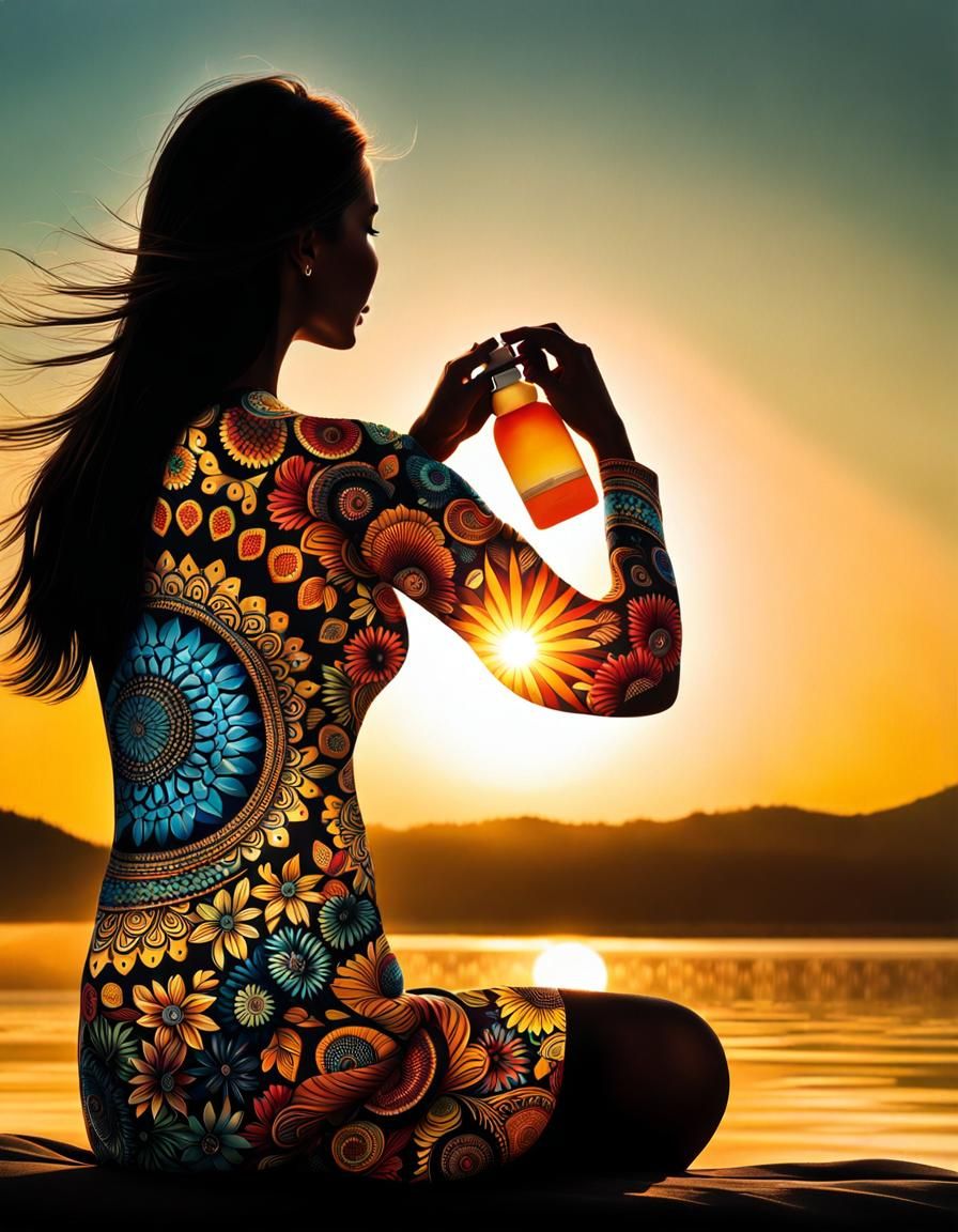 Colorful Silhouette Art of Woman Applying Sun Cream