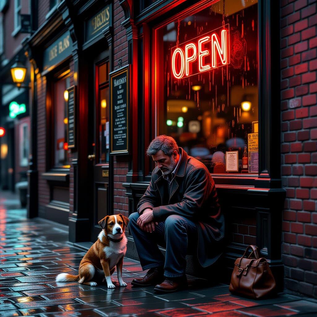 Man Begging with Dog Outside Bar on Rainy Night