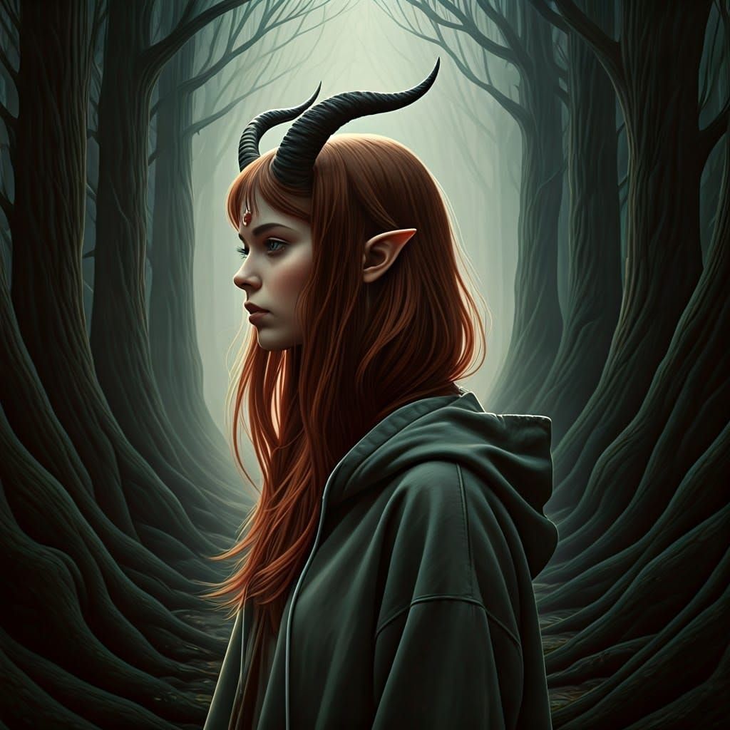 Mystical Horned Woman in Misty Forest