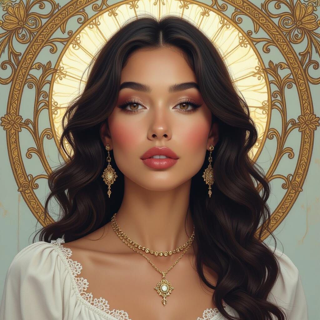 Angelical Woman with Chestnut Hair Adorned in Jewels