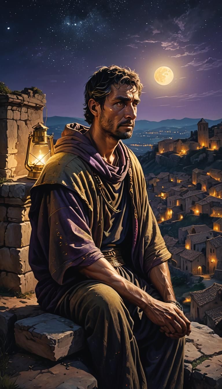 Sad Roman Man in Village at Night as Splash Art