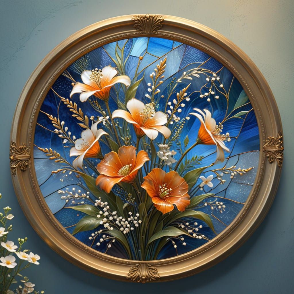 round sunny Stained-glass art, orange-Acronite flowers with ...