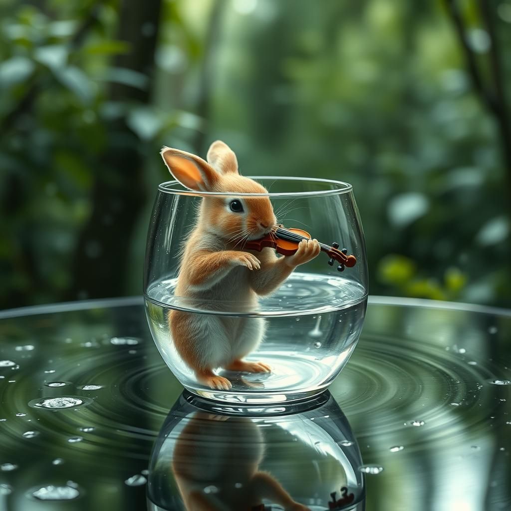 Rabbit Serenade in Glass, Photorealistic Forest Scene