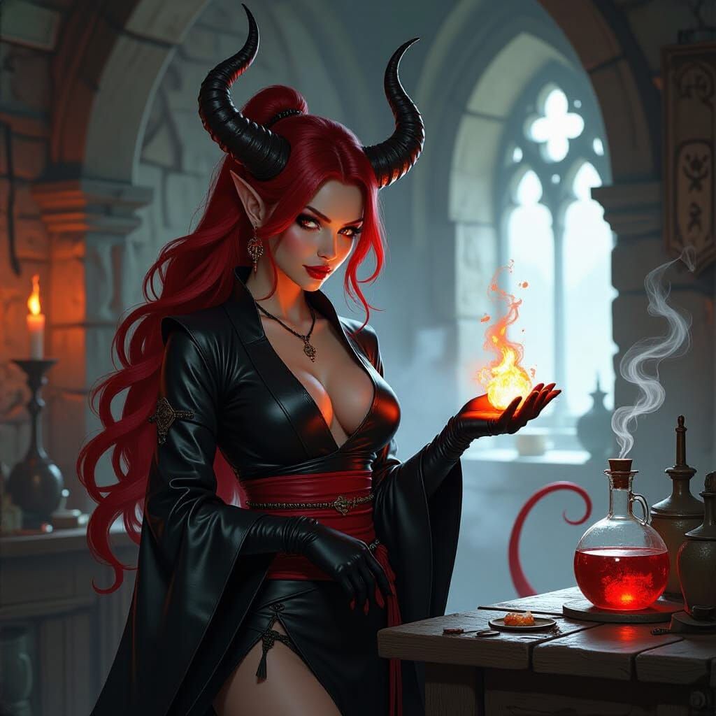 Tiefling Alchemist Mixing Explosives in Fantasy Art Style