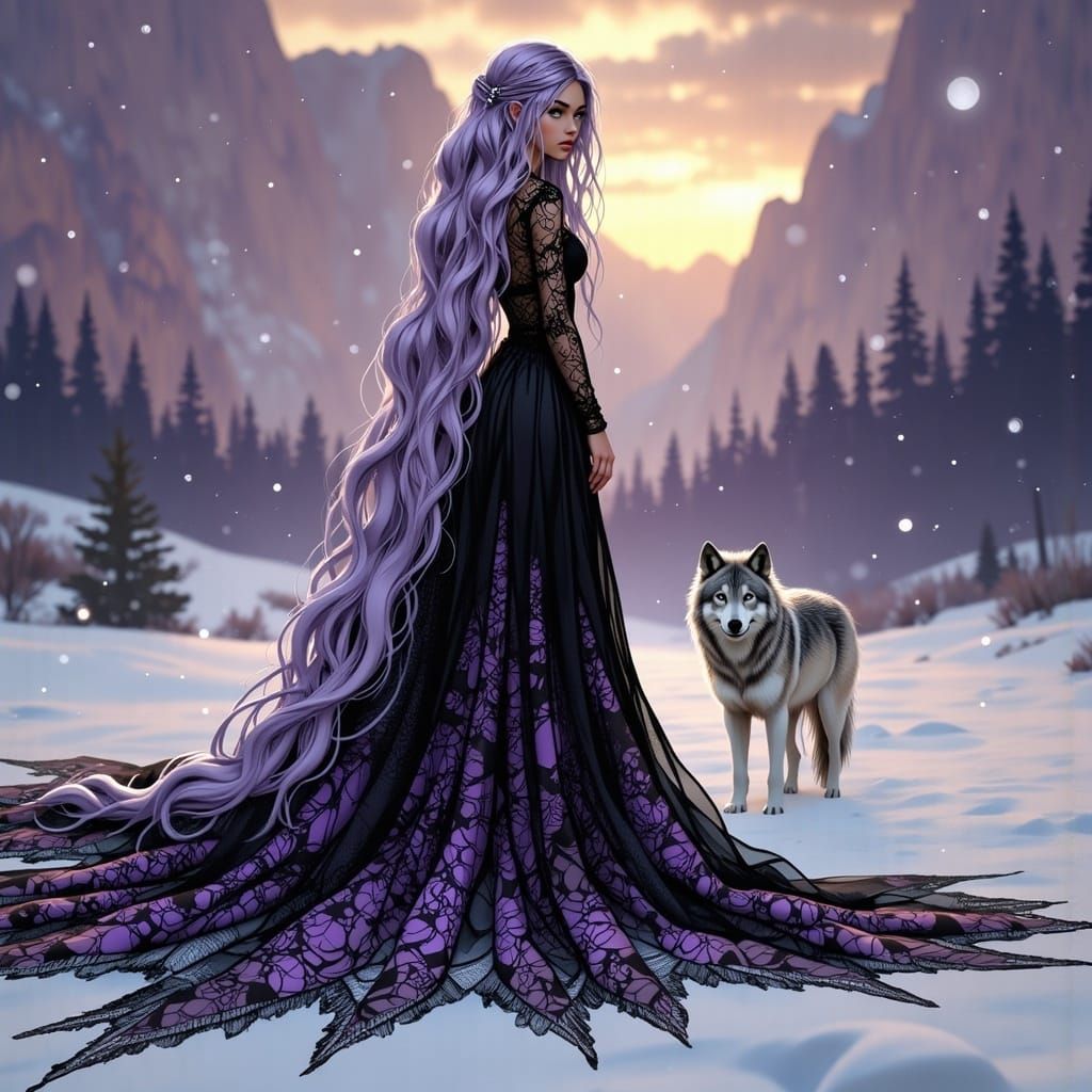 Woman and Wolf in Winter Wonderland Graffiti Art
