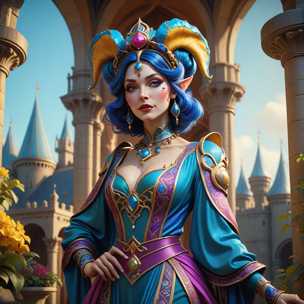 Whimsical Jester in Elegant Boho Attire, Hyperrealistic Styl...