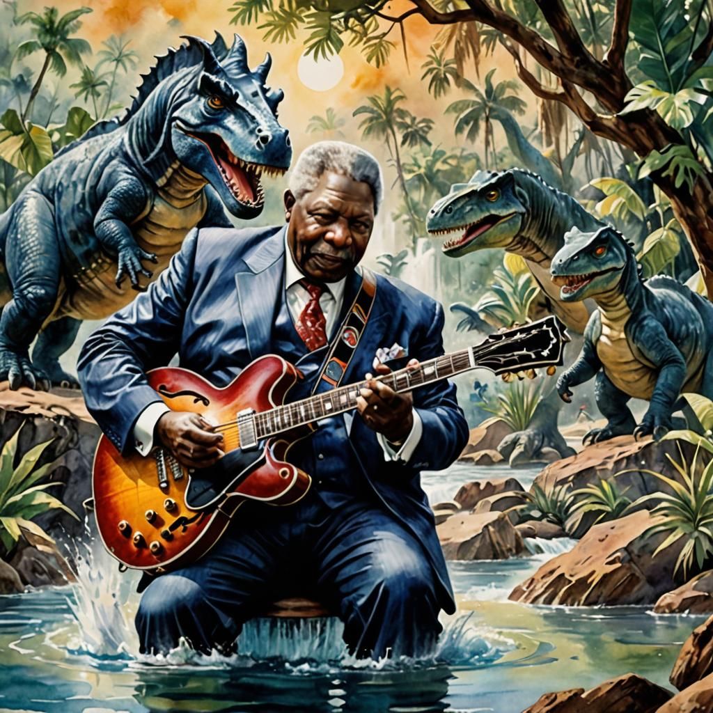 B.B. King in Prehistoric Watercolor Landscape