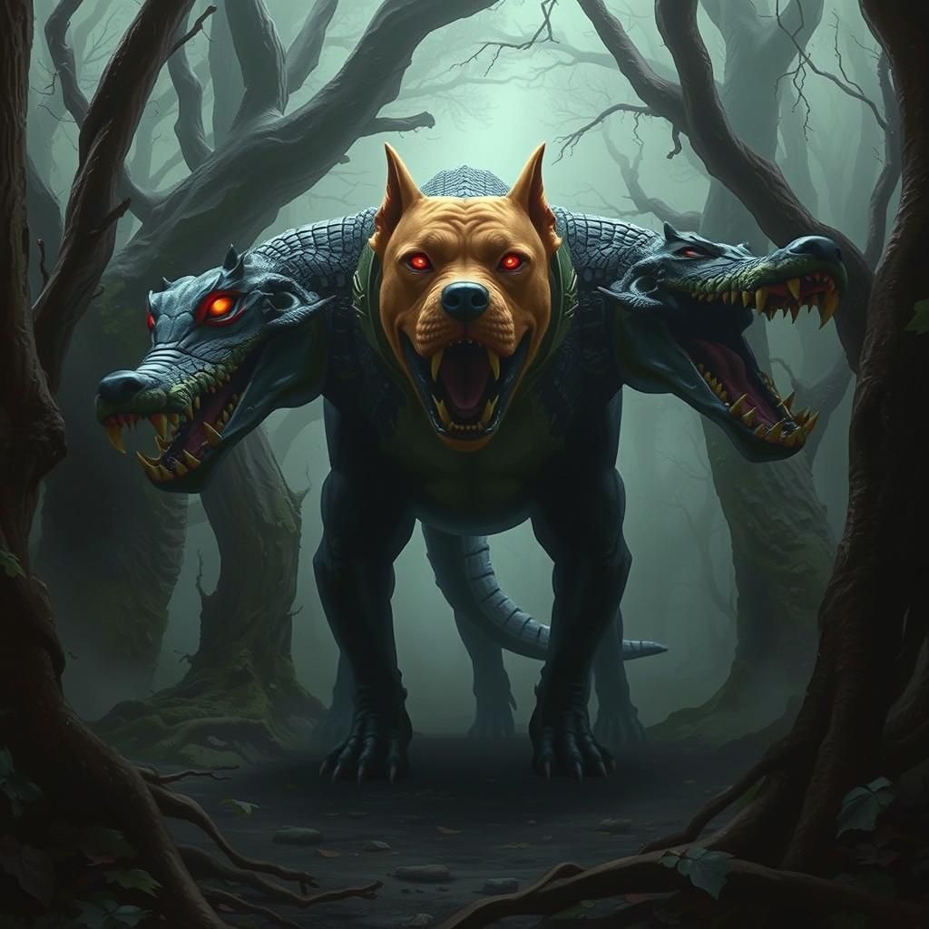 Menacing Tri-Headed Pit Bull Creature in Dark Forest