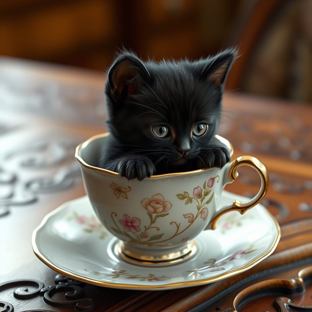 Whimsical Kitten in Antique Teacup on Wooden Table