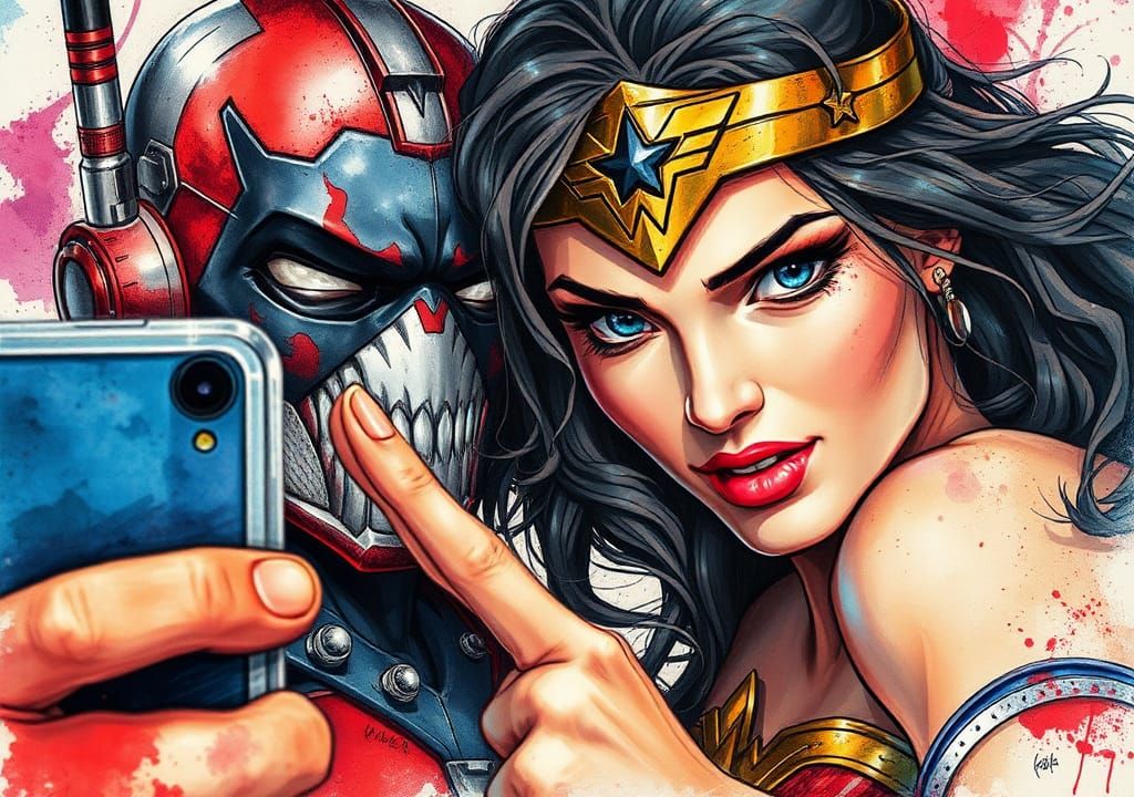 Deadpool and Wonder Woman Selfie: Acrylic Watercolor Art