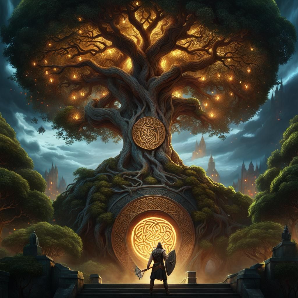 Celtic Warrior Before Tree of Life: Dark Fantasy Art