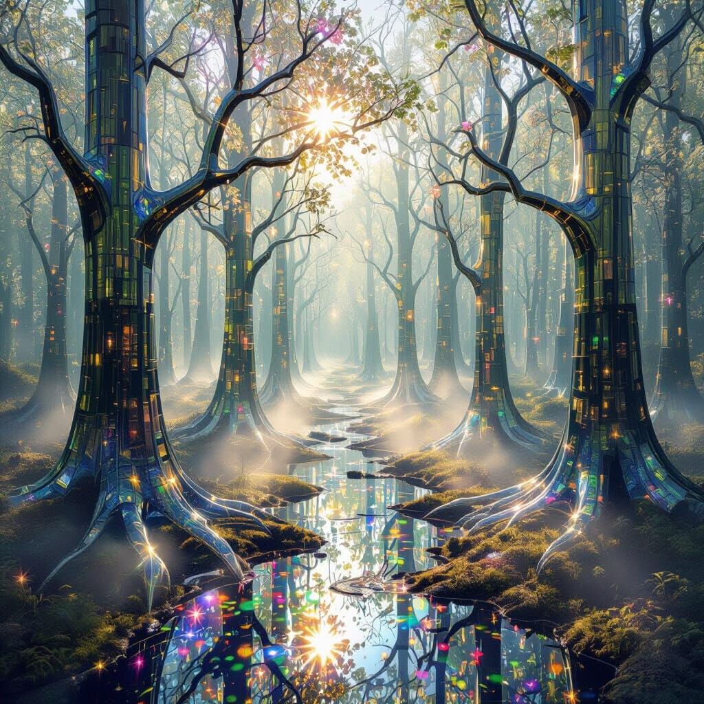 Glass Forest with Prismatic Light and Swirling Mist