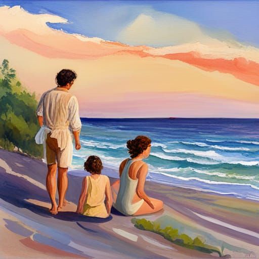 Family Beach Day in Gouache Watercolor Style