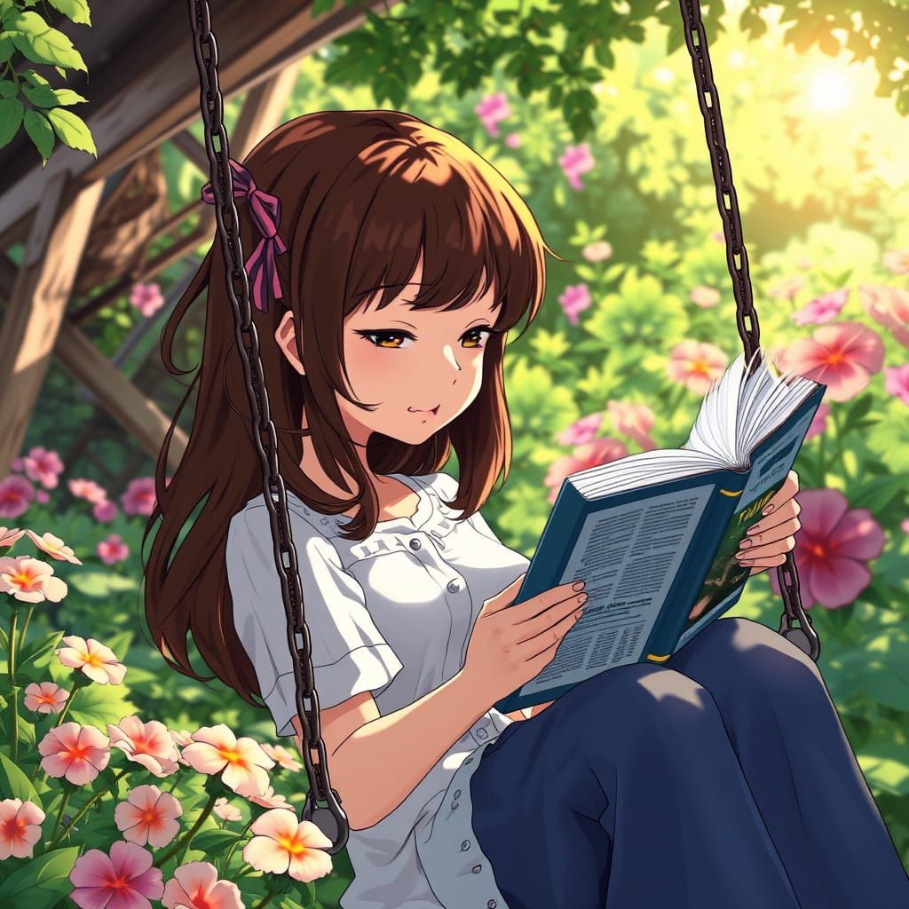 Girl on Garden Swing in Anime Style
