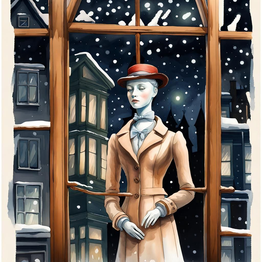 Sad Mannequin in Winter Window: Gouache Watercolor