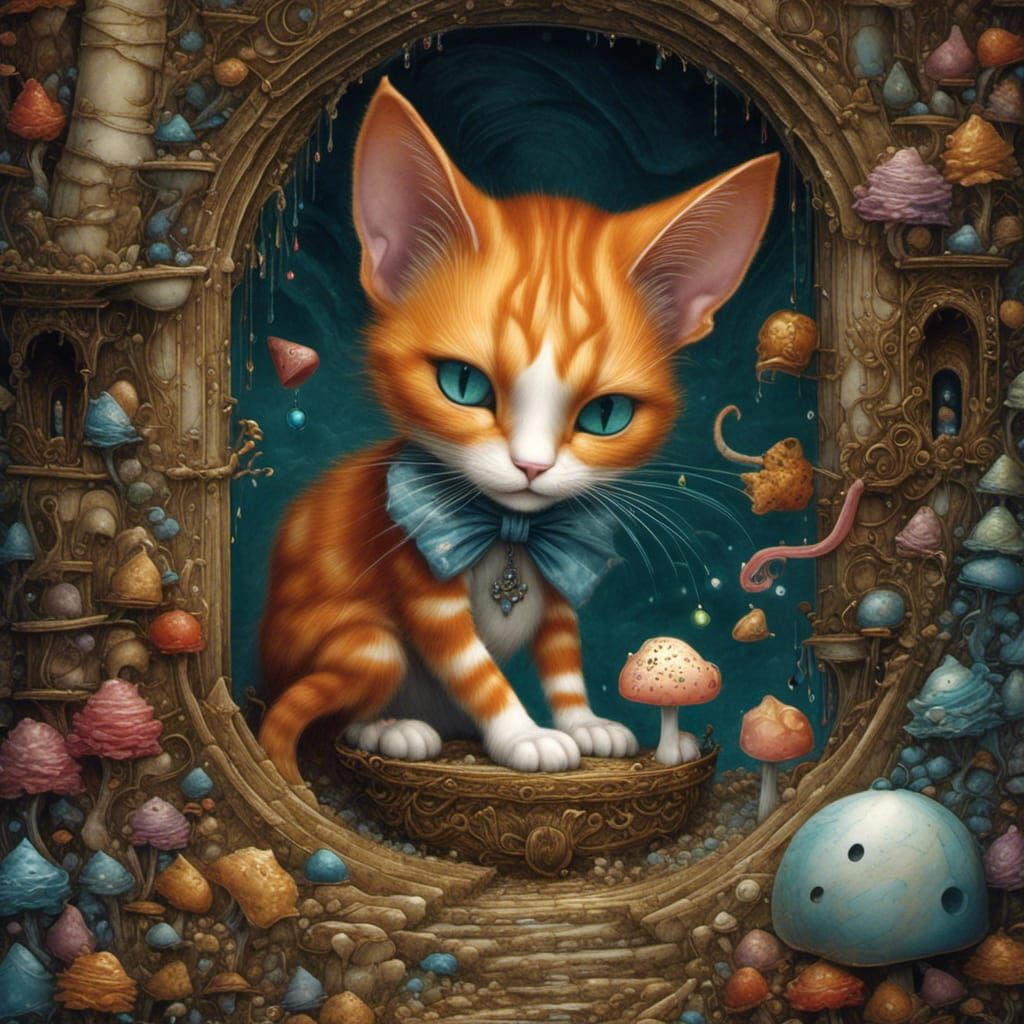 Ginger Cat and Mouse Play, Fantasy Art