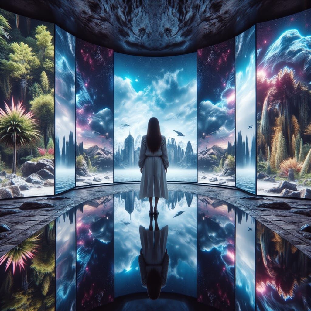 Woman in Mirrored World of Fantastical Realms