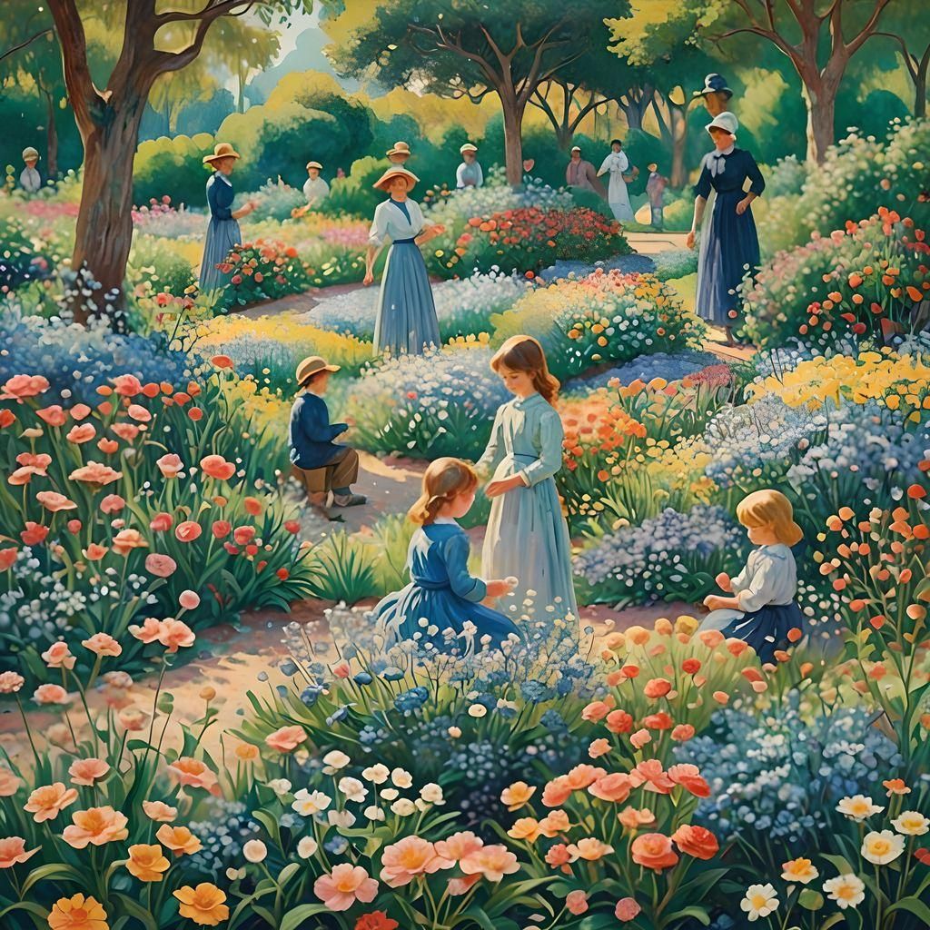 Pointillist Flower Garden in Blue and Green