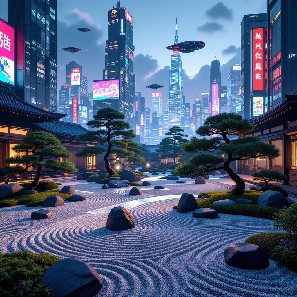 Zen Garden Versus Cyberpunk Cityscape