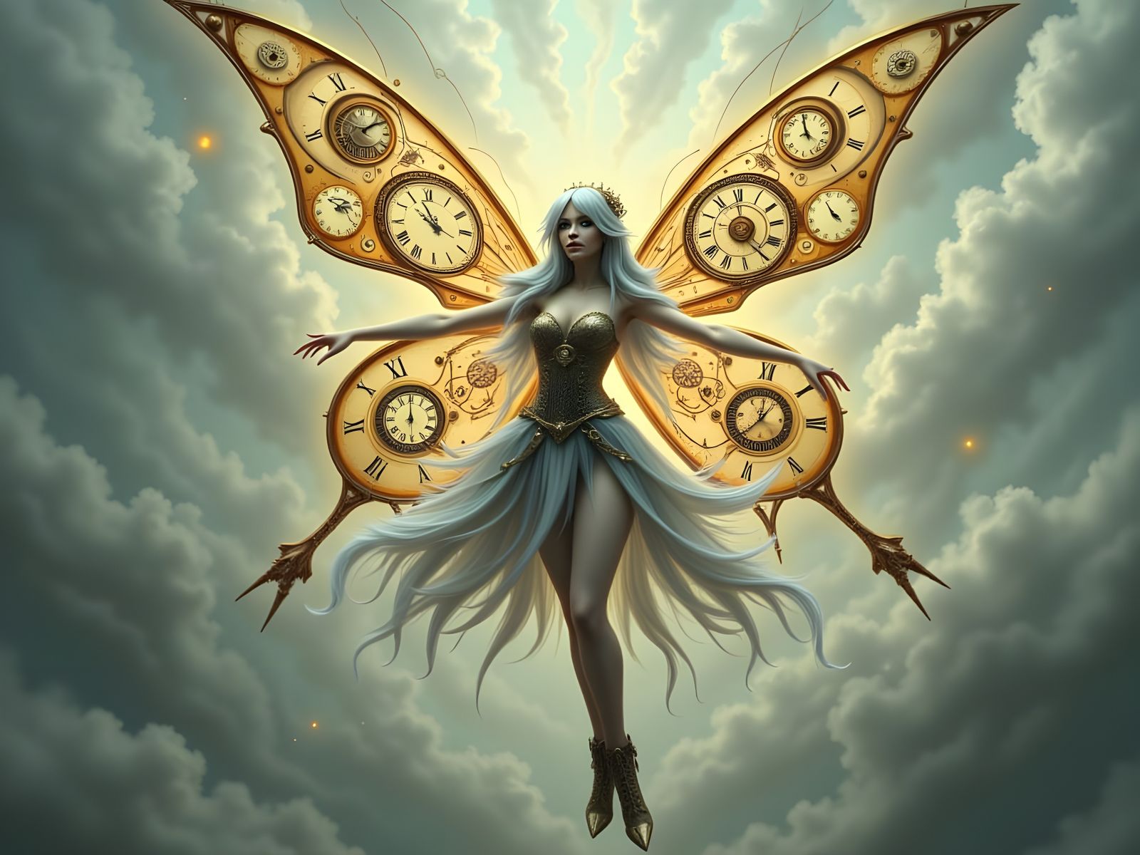 Clockpunk Fairy with Golden Cog Wings and Silver Hair
