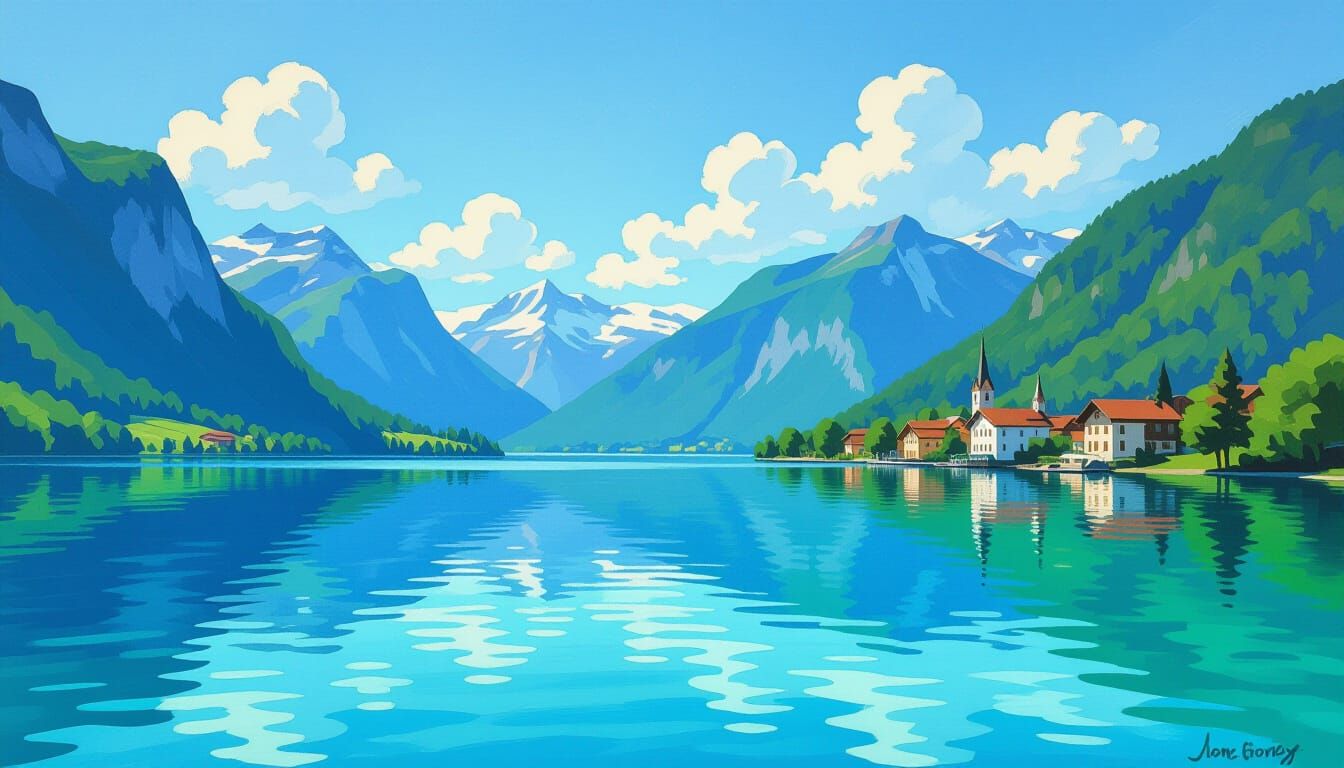 Serene Summer Afternoon at Lake Brienz as Oil Painting