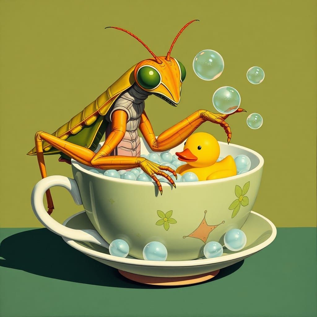 Praying Mantis Bubble Bath: A Pop Surrealism Scene