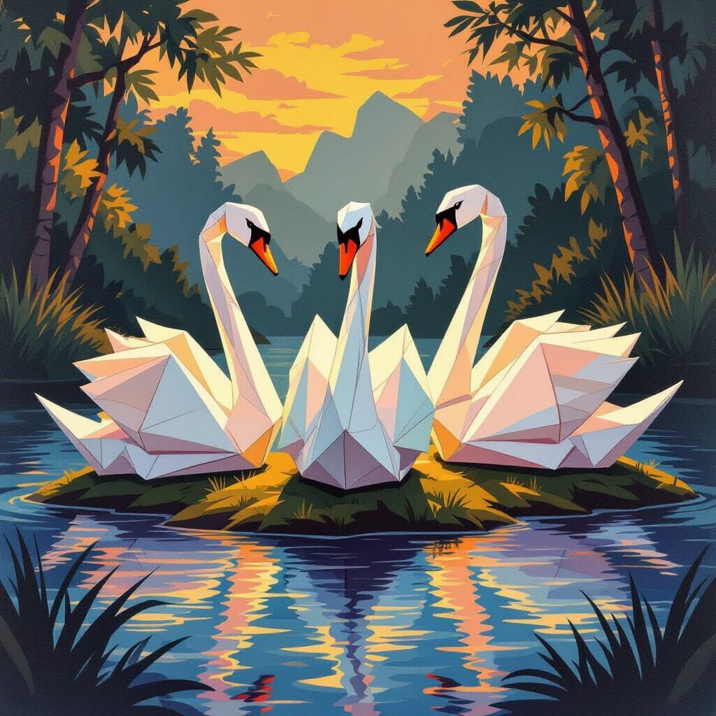 Origami Swans in Heroic Pose on Island, Gouache Painting