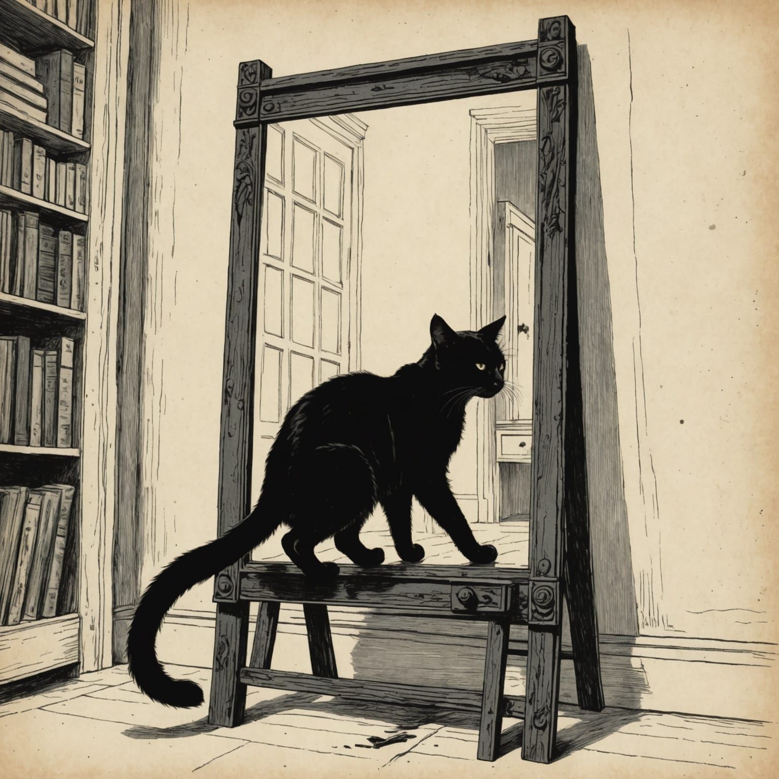 Black Cat Breaking Mirror in Vintage Drawing Style