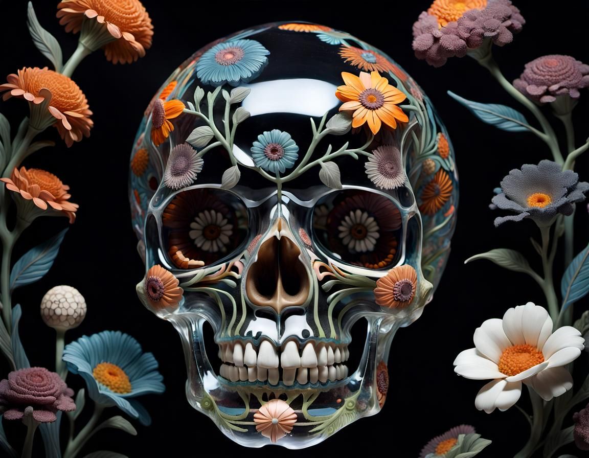 Intricate Glass Skull with Flowers, Outsider Art Style