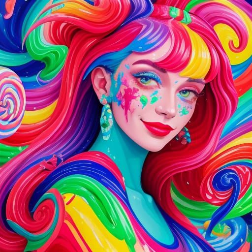 Happy Woman in Candyland Wonderland Gouache Painting