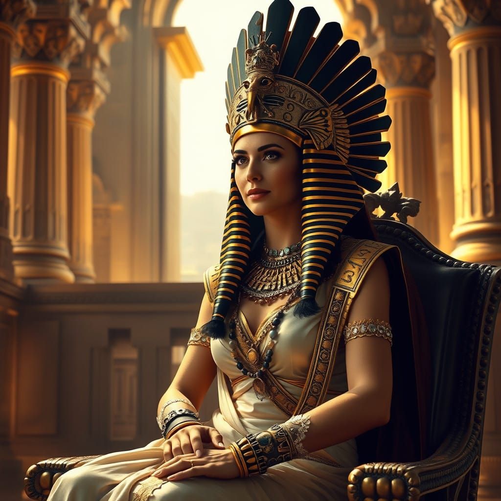 Regal Queen Cleopatra in Golden Headdress and Lavish Temple...