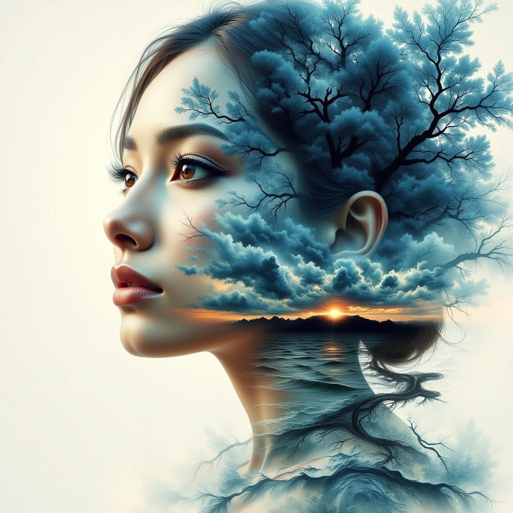 Double Exposure Portrait of Blonde in Watercolor Style