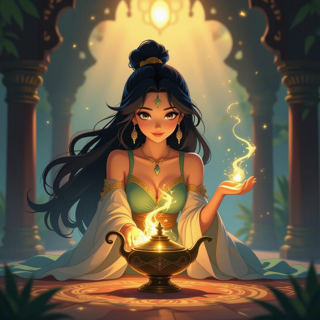 Mystical Genie Emerges from Lamp in Ghibli Anime Style