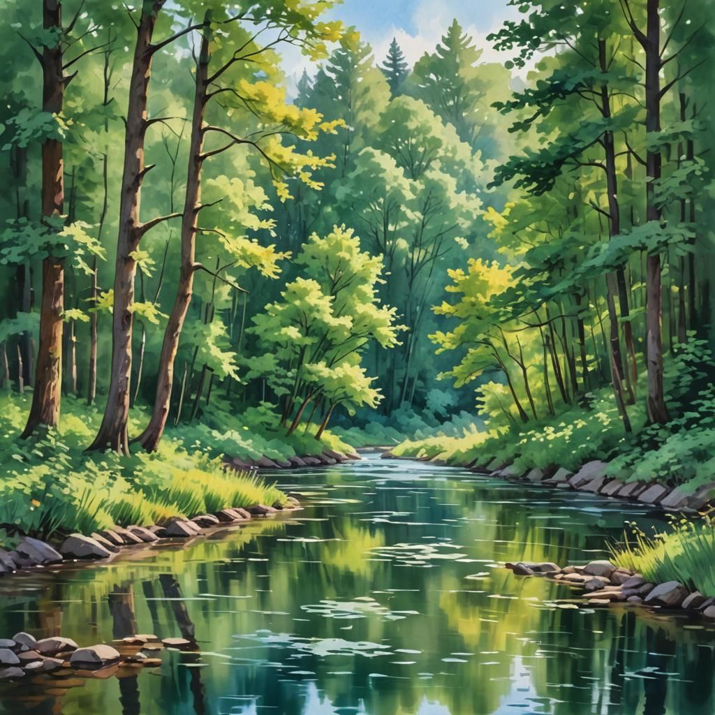 River Forest in Gouache and Watercolor Style