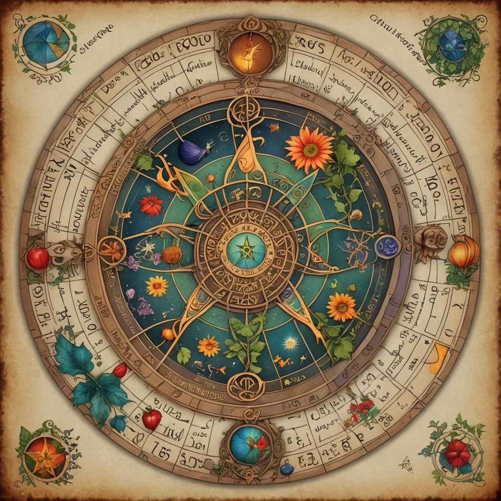 Whimsical Wiccan Wheel of The Year Illustration