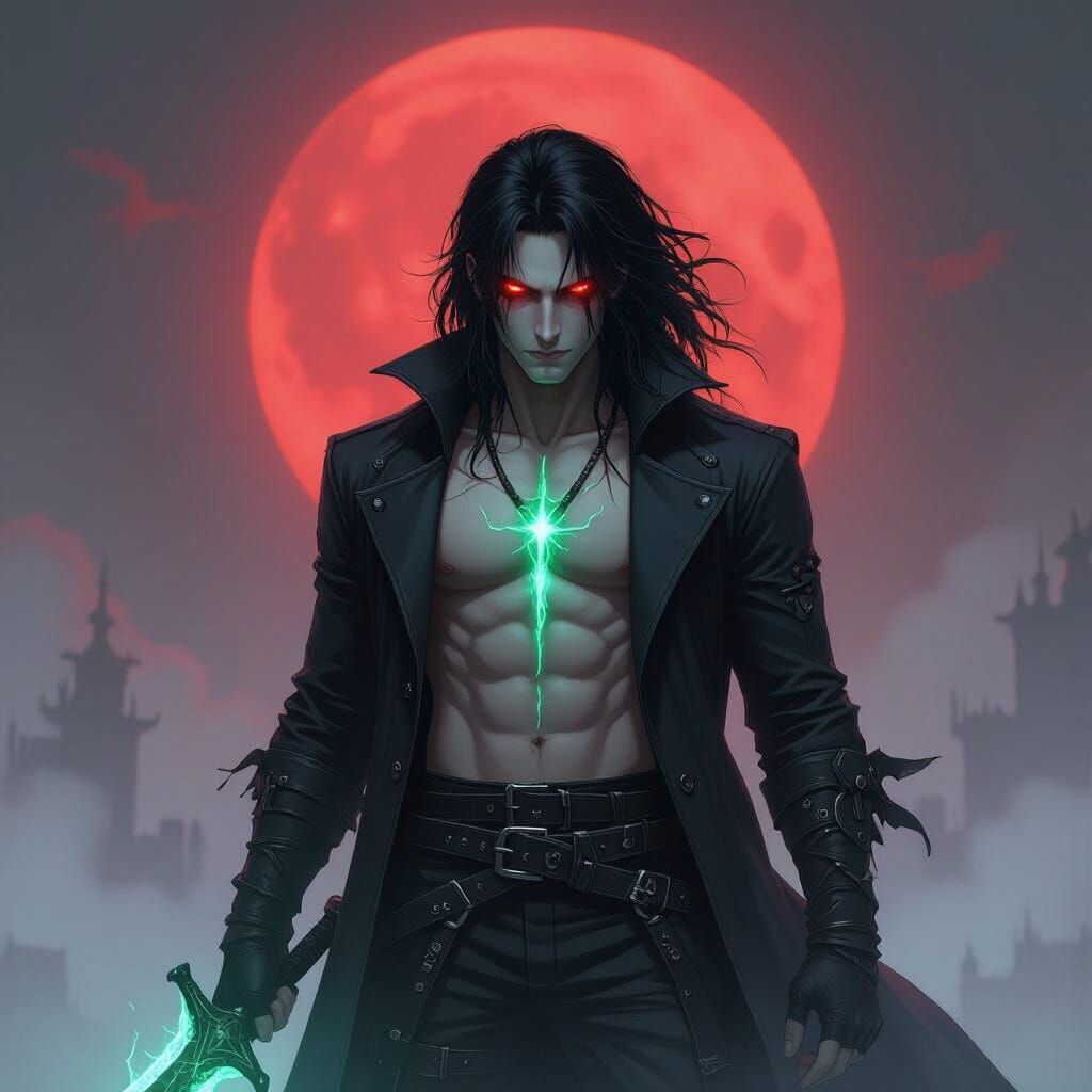 Eerie Battlefield: Dark Anime Warrior with Glowing Veins