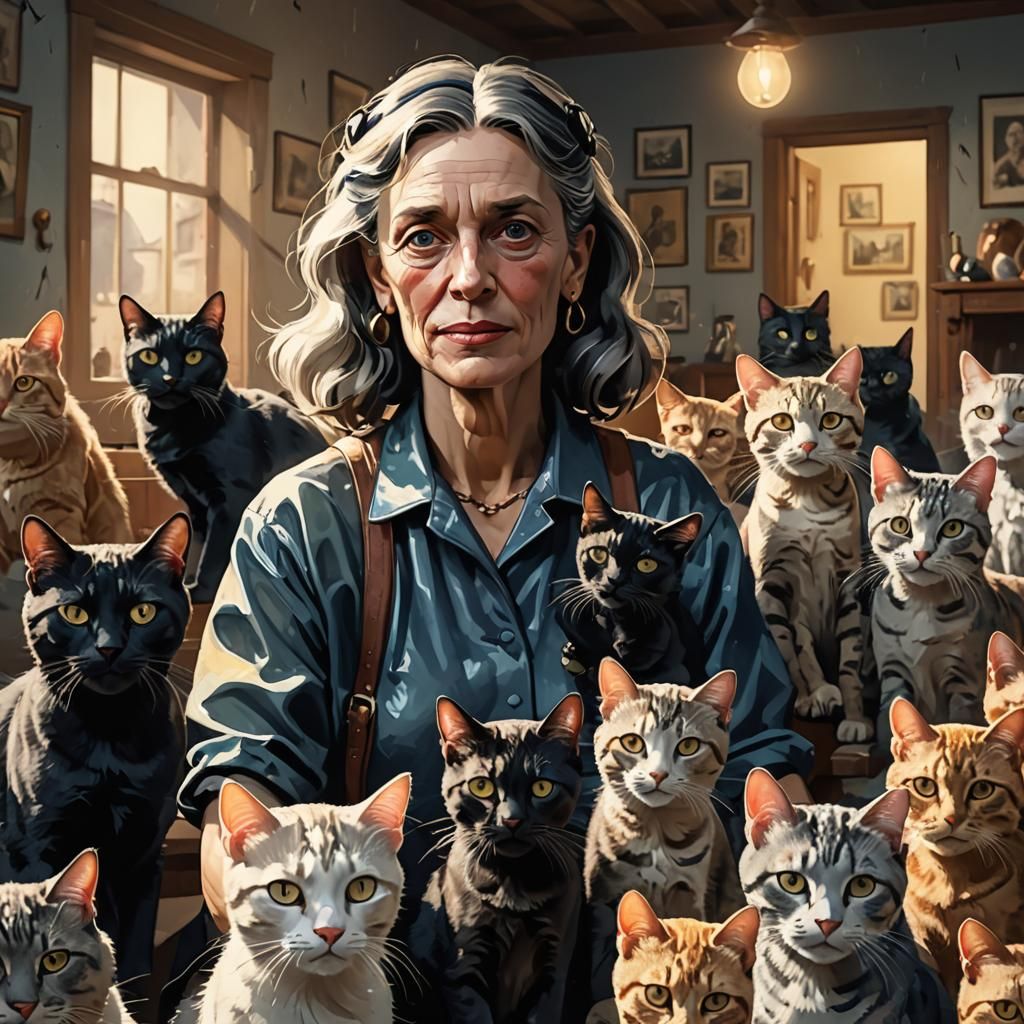 Crazy cat lady with all her mouths to feed