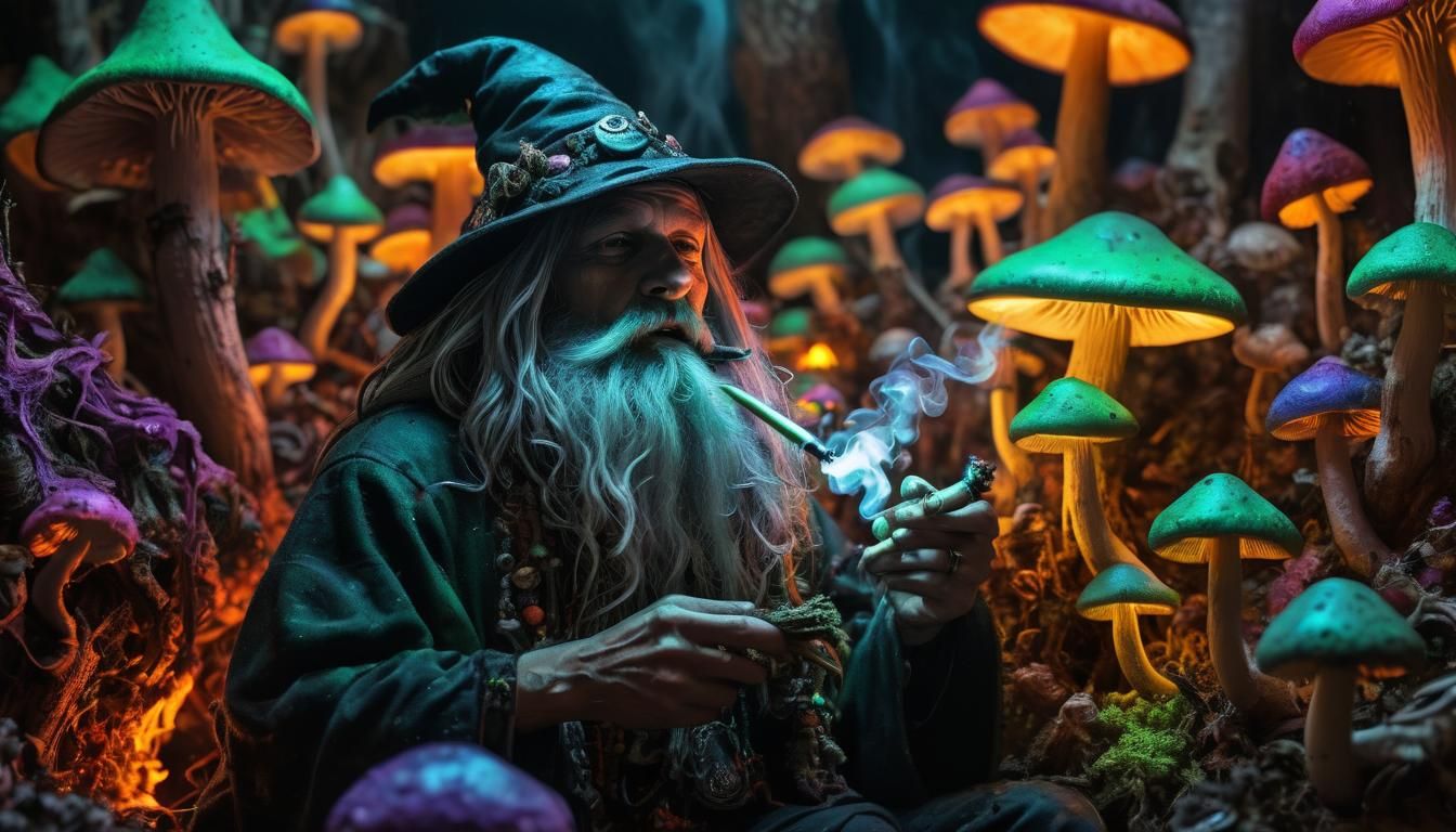 Underground Comix; Spectrums vile: "Wizard smoking neon mushrooms in wood pipe..