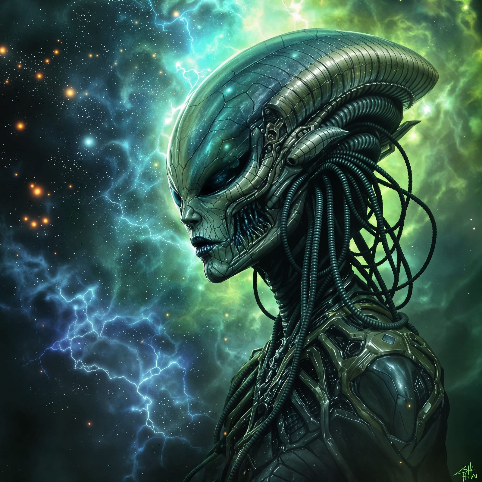 Otherworldly Alien Woman Amidst Emoji Chaos