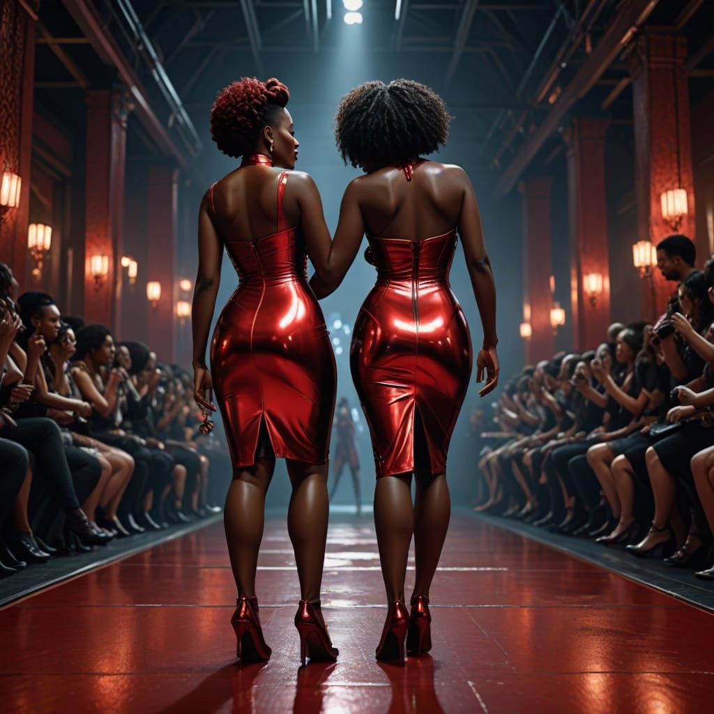 Mature Ebony Women in Red Metallic Latex on Catwalk