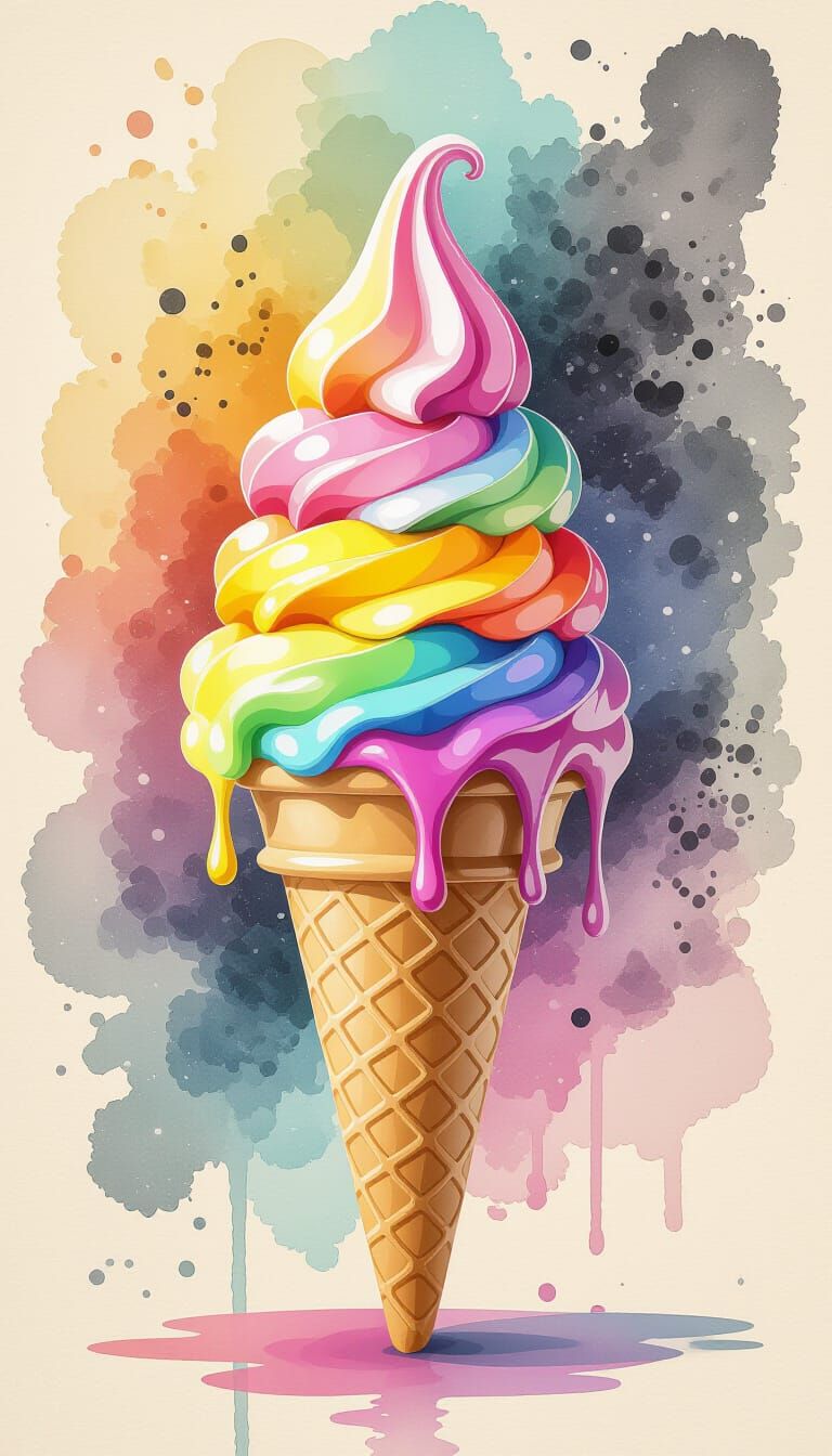 Colorful Melting Ice Cream Cone in Mixed Media Style